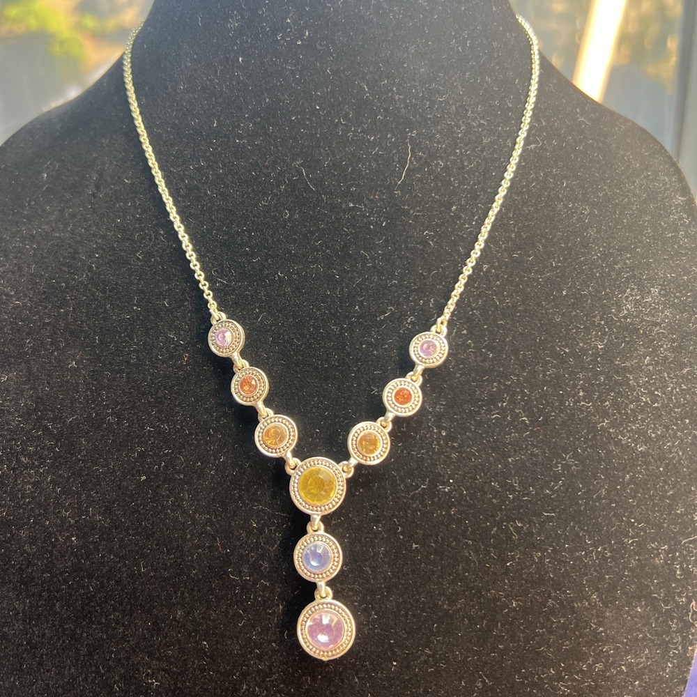 Napier Drop Necklace Rhinestone Blue Pink Yellow Purple Silver Tone - Picture 3 of 9